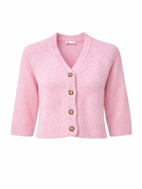ZARA Medium Pink Fuzzy Knit Cardigan Button Front Cropped Soft Cozy Women’s